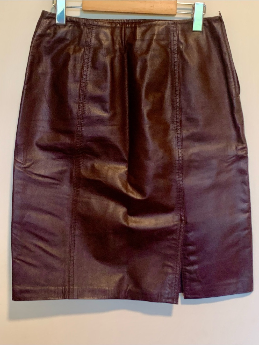 Chocolate Brown Leather Pencil Skirt Knee Length front Slit Size Zip Sz 8 Danier